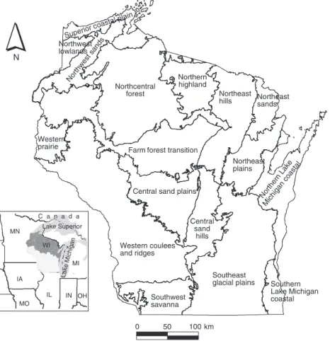 Figure 1. Study area of the state of Wisconsin (U.S.A.) with ecoregions derived from the USDA Forest Service Hierarchical Land Classification System (Keys et al