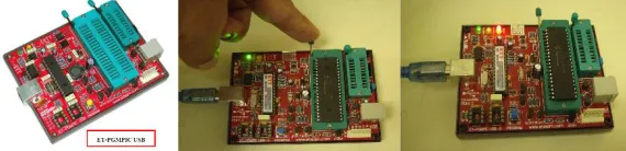 Figure 3. a) ET-PGMPIC USB Development Board (left). b) Connectionof the microcontroller with the ET-PGMPIC  USB Development Board (middle)
