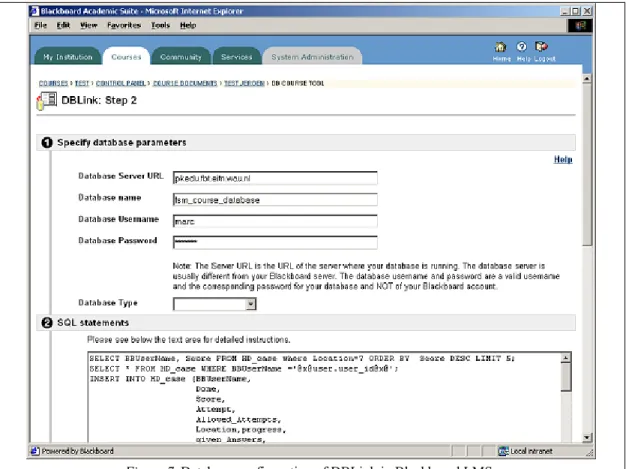 Figure 7. Database configuration of DBLink in Blackboard LMS .  