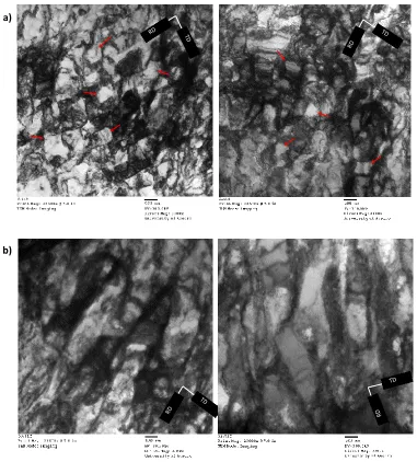 Figure 5. TEM observation of the sample rolled for 60% reduction with: a) C-ASR and b) and CR