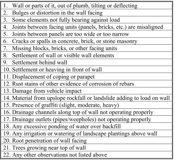 Table 2.7:  Earth Retaining Structures Condition Checklist [Brutus, et. al. 2011] 