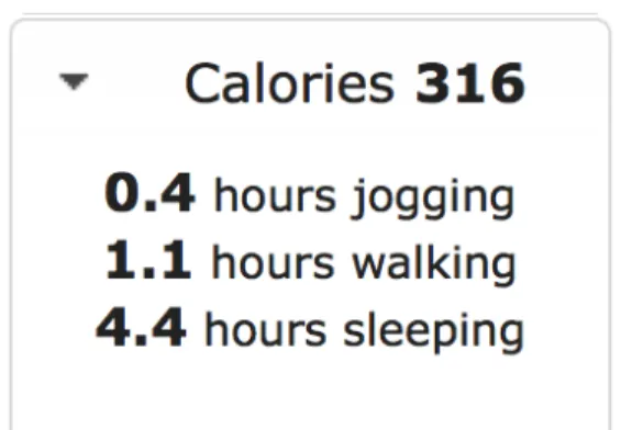 Figure 6: Interface element for viewing the calories and  calculated hours of exercise for the meal displayed in a 