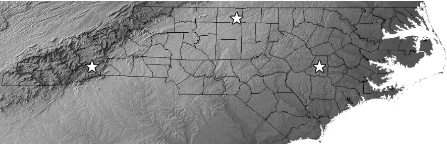 Figure 2.1. Map of tillage and cropping trials located across North Carolina. To the left is Mills River in the mountains, the center is Reidsville in the piedmont, and the right is Goldsboro in the coastal plain