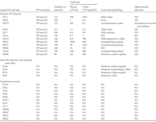 TABLE 2 Viral loads and colon histopathology in chronic SIV-infected and uninfected rhesus macaques with diarrhea and colitisa