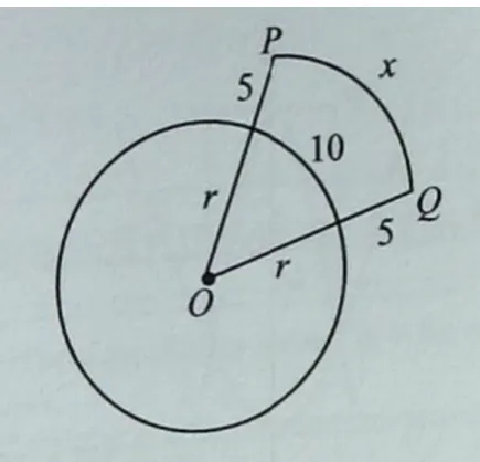 Figure 6: Example diagram accompanying the ques-tion “In the circle above, the length of an arc is 10, andthere are two radii shown extended by 5 units outsidethe circle