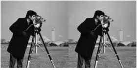 Figure 5(c): Original image (left) and image obtained after improved CDD inpainting process (right) at T1 = 6, T2= 60 (T2= 10×T1) 