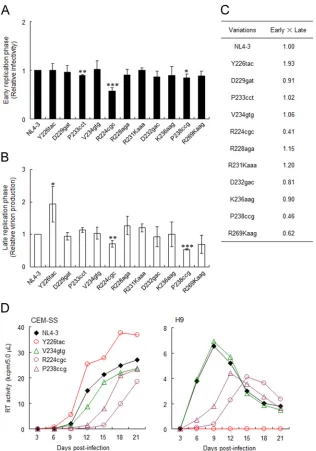 FIG 6 Effects of natural variations in SA1prox on viral replication. (A) Single-cycle infectivity