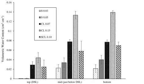 Figure 4. Water content of three column sections following destructive sampling at the end of an experiment: the dry surface layer (DSL), immediately below the DSL, and the bottom of the column