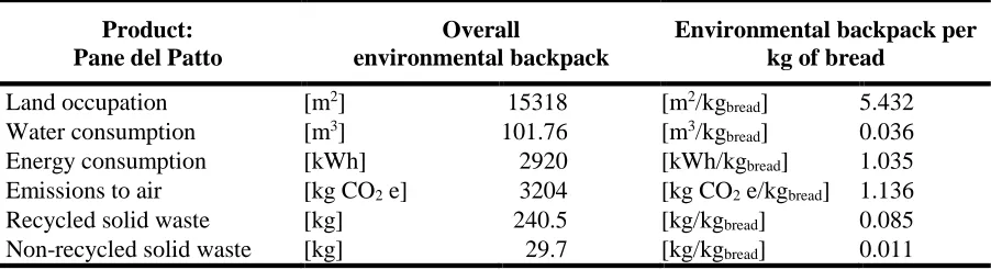 Table 4 – Environmental backpack associated to the final product 
