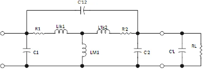 Figure 2.3: Equivalent circuit of the PCB transformer with a parallel capacitive/resistive load