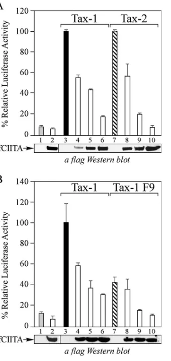 FIG 1 CIITA inhibits activation of the NF-presented as percentages of the activation by Tax-1, which is set to 100%(column 3)