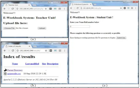Figure 4. (a) Teacher Uploads page (b) Teacher Result page and (c) Student Tutorial page  