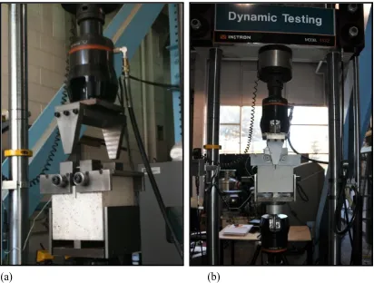 Figure 3.12:   Experimental set-up of the WST. (a) the set-up preparation where the  loading device (wedges) is mounted to the upper part of the loading frame, (b) the   WST-specimen in place for testing               