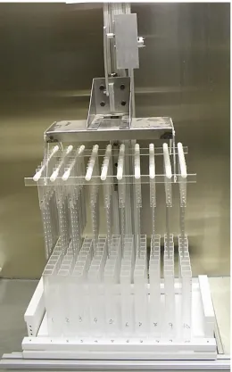 Figure 3-5  Test rig configuration showing samples hanging over empty test containers 