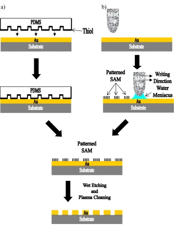 Figure 1.02.  Schematic diagram of the formation of patterned SAMs by (a) CP and (b) 