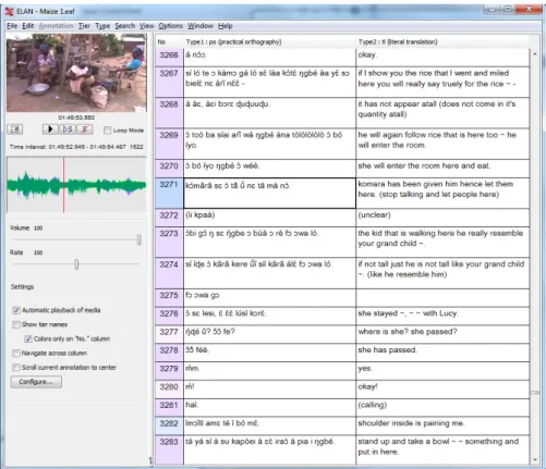 Figure 1: The interface of the transcription mode, showing two columns: transcriptions and the corresponding translations.