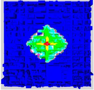 Fig. 4:  Example pressure field snapshot for explosion in actual city area 