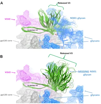 FIG 6 Simulations of the lowest-energy conformations of V3 in the presence and absence of the Man9 glycan attached to N301