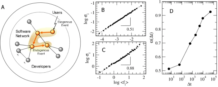Fig. 1: (A) Schematic representation of an OSS community (see text). Scaling of fluctuations σ i ∼ f i ∆t  α with average change activity for the software project XFree86, measured at different time resolutions: (B) ∆ t = 6 hours and (C) ∆ t = 9600 hours