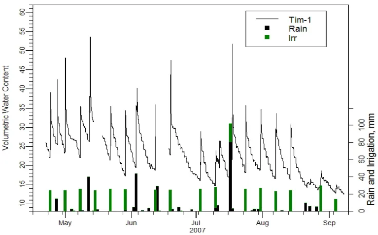 Figure 3.6 Soil-water content, rain and irrigation for the time-based controller set to irrigate twice  per week