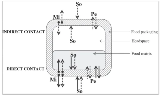 Figure 2. Different types of physiochemical behaviors, namely migration (Mi), absorption (So), and permeation (Pe) between a food matrix, its environment, and packaging both under conditions of direct and indirect contact