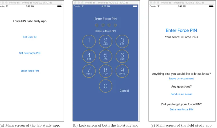 Figure 7: Screenshots of the study force-PIN apps.