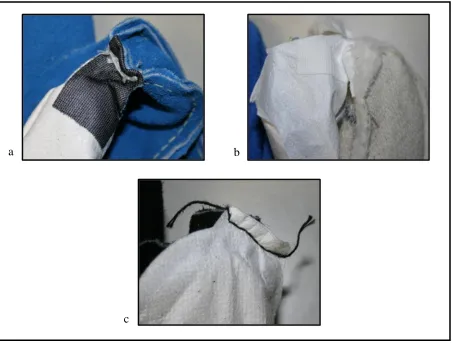 Figure 3.11 Moisture Barrier to Shell Connections (a: Tabs Sewn to Tip, b: Tabs Sewn to Side, c: Sewn to Tip) 