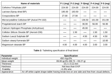 Table 2:  Tabletting specification of final blend  