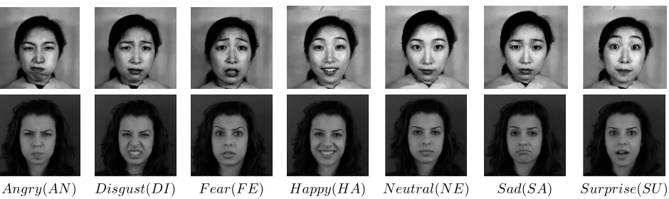 Fig. 1. Example FaE images from JAFFE (1st row) and MUG (2nd row) databases. The 3rd row depicts theexpression classes.