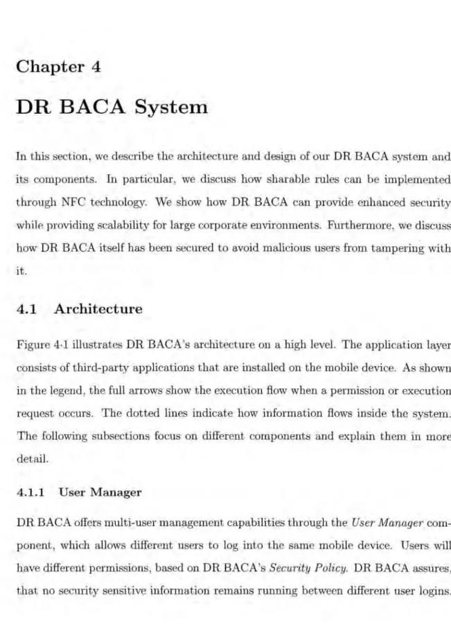 Figure  4·1  illustrat es  DR BACA's  ar chitecture  on  a  high level.  The  application layer  consists of third-p arty  applications  that ar e inst alled  on the  mobile device