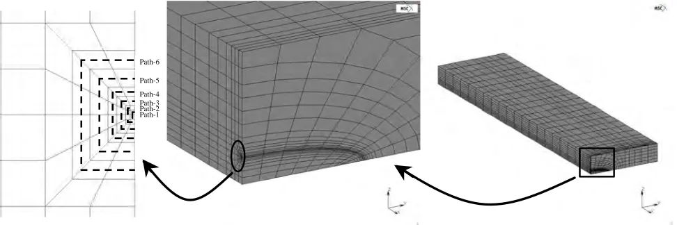 Fig. 3  Example of Finite Element Mesh and J-Integral Paths (Case 1, a/c = 0.2, a/t = 0.2)
