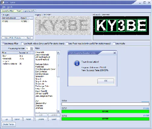 Fig. 26 Screenshot of the GSA-CAPTCHA Breaker Application. VICAP is recognised by the CAPTCHA breaker application with a percentage of Original-to-Random Output frames (ORO) = 90%, with a recognition success rate of 100%