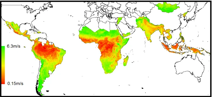 Figure 2. Map showing wind data from the DTU [15] in developing countries.