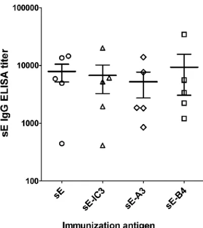 FIG 3 sE-speciﬁc antibody response. ELISA titers (using sE as an antigen) ofserum samples of each mouse immunized with sE, sE-IC3, sE-A3, and sE-B4were determined