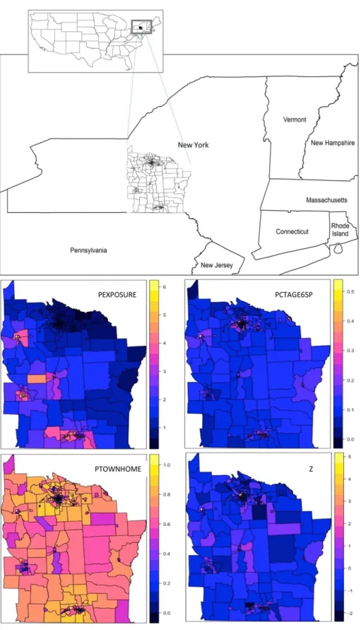 Figure  2.  Map of  the  study  area  and  layouts  of  the  four  variables  in  the  New  York  Leukemia  dataset used in the study