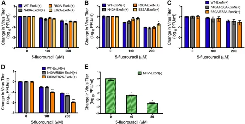 FIG 2 Virus sensitivity to 5-FU treatment. DBT-9 cells were pretreated with the indicated concentration of 5-FU and infected with the indicated virus at an MOIand the virus titer was determined by a plaque assay