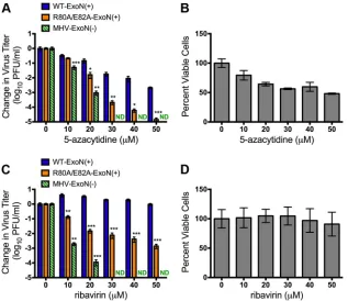 FIG 3 Virus sensitivity to the nucleoside analogs AZA and RBV. (A) DBT-9 cells were pretreated with the indicated concentration of AZA and infected with theWT-ExoN(experiment was performed as described for panel A, except with RBV