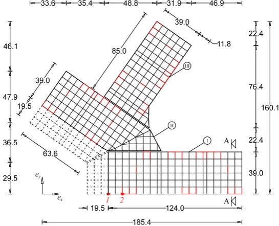 Figure 15.Schematic ground plan, building construction (units in meters), and output nodes 1 and 2(red marks)