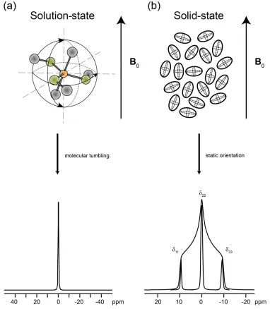 Figure 1.5.  (a) Rapid molecular tumbling in solution serves to average the CSA to its isotropic value which, respect to spectrum