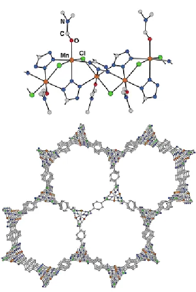 Figure 1.9: Portions of the crystal structure of 5, showing part of the infinite helical chains composed of Mn2+ and Cl- ions (upper) and, upon removing the DMF molecules, the one-dimensional channels formed along the [001] direction (lower)