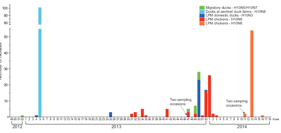 FIG 1 Isolation of H10 inﬂuenza A viruses from migratory and domestic birds in Jiangxi during 2012 to 2014
