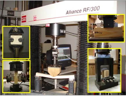 Figure 1-9.  Different mechanical property tests for small clear wood using universal testing machine, and linear variable displacement transducers