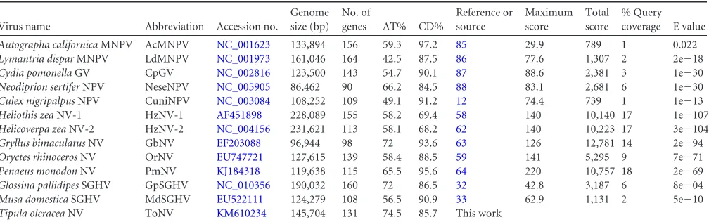 TABLE 1 Baculovirus, nudivirus, and hytrosavirus genome general features and whole-genome comparison with ToNVa