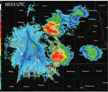 Figure 4.10: (a) KUEX base scan radar re�ectivity at 0033 UTC 23 June 2003. Stormsare labeled for reference in the text