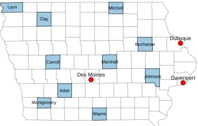 Figure 1: Map of Iowa 1915 Cities and County Sample