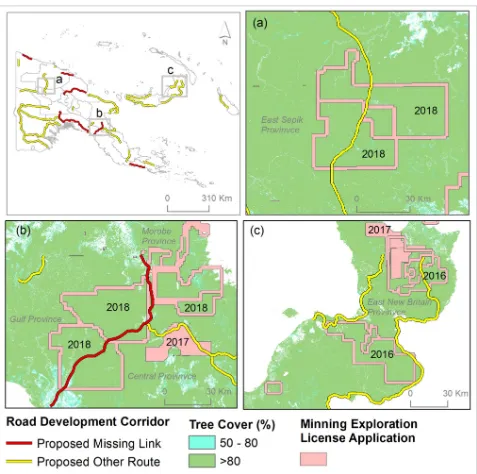 Fig 8. Planned road expansion and recent mining-license applications. The map indicates the year of application for mining-exploration licenses.These applications are under varying stages of processing for approval.