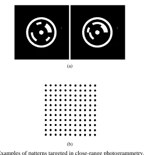 Figure 2.1:  Examples of patterns targeted in close-range photogrammetry.  a) Targets attached to the surface and used for measuring displacements of concrete beams (Niederöst and Maas, 1997); and b) a dense grid of circles printed on the surface of testin