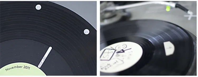 Figure 1.2 Examples of Joke Lanz’s records with stickers to mark a sample and to notate performance instructions