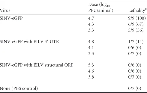 TABLE 2 Intracranial infection of 1-day-old newborn mice with SINV-eGFP and SINV/EILV chimerasa