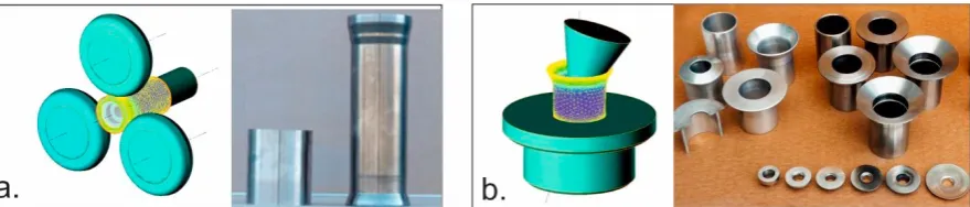 Figure 1. The example of the parts made at room temperature by a) flow forming, high strength steel, tensile ductility 12%, final effective strains  >200%; b)rotary forming, various materials (steels, aluminum and nickel alloys), max strains about 60-90%